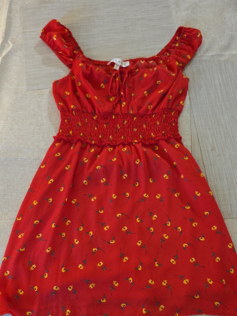 Red Floral Smocked Waist Kids Dress